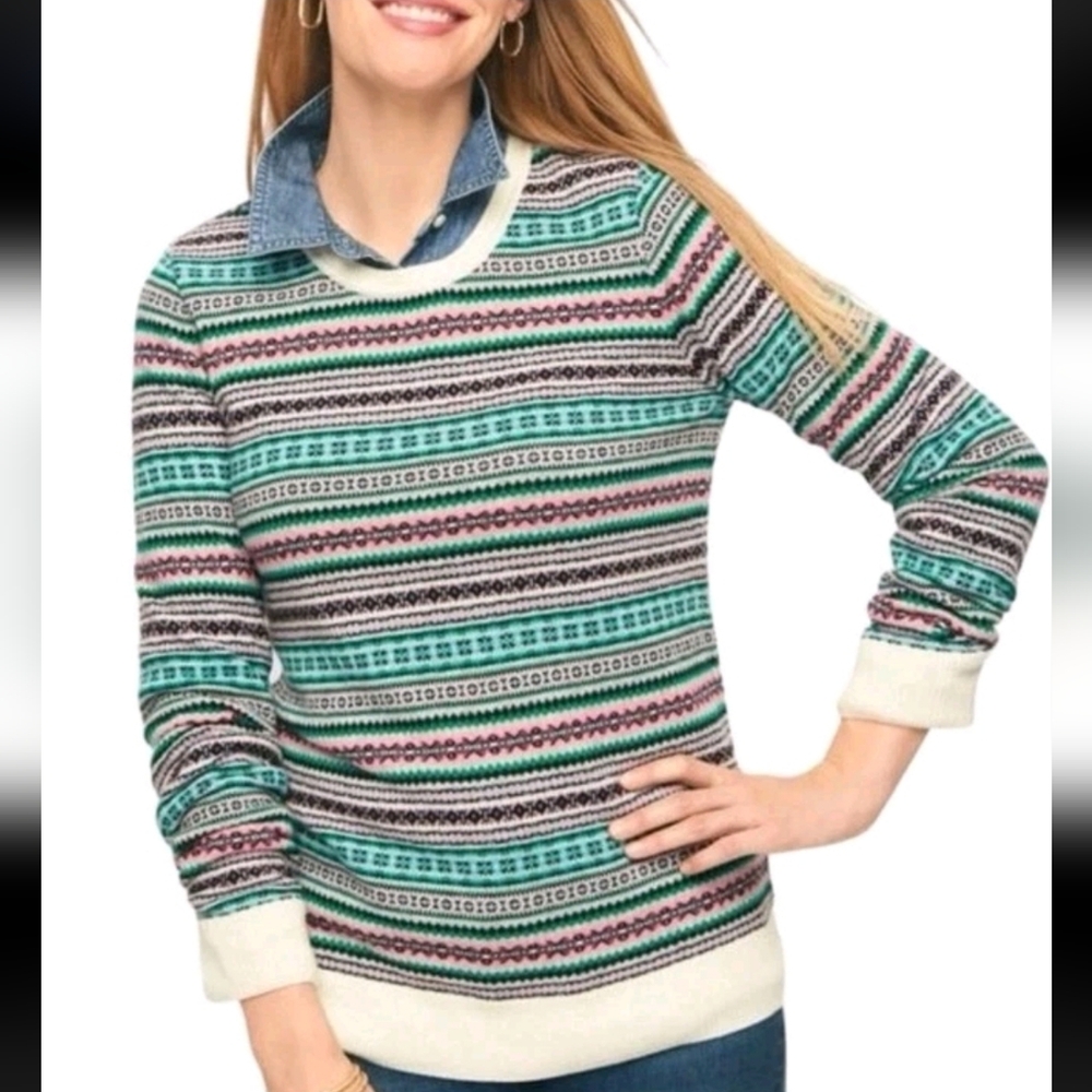 Talbots Fair Isle Lambswool Blend Crewneck Sweater Sz Large EUC Layering Cozy